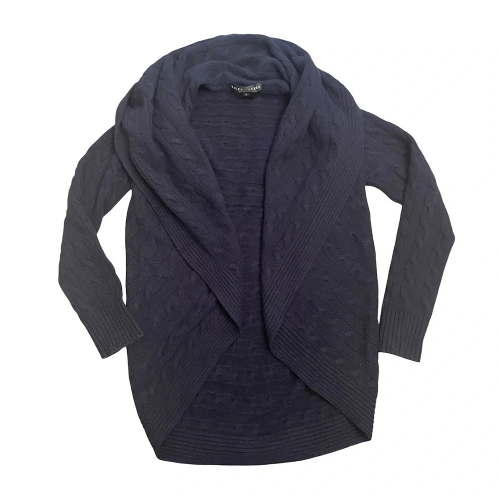 RALPH LAUREN BLACK LABEL 100% Cashmere Cocoon Cardigan Navy Cable Knit Luxury L